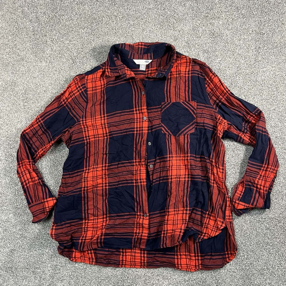 Old Navy Womens XXL Plaid Button Up Shirt Red Navy Blue Oversized Classic